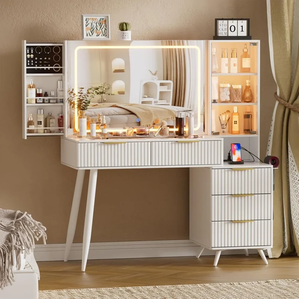 

Makeup Vanity Desk with Mirror and Lights & Charging Station,Modern Glass Top Big Vanity Table with 5 Drawers
