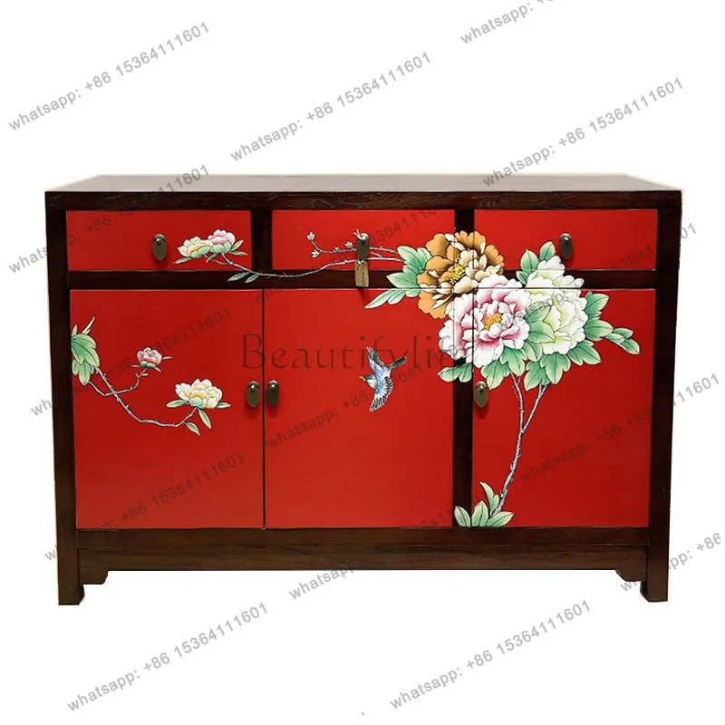 Pure hand-painted elm dining side cabinet retro Chinese living room storage storage cabinet household