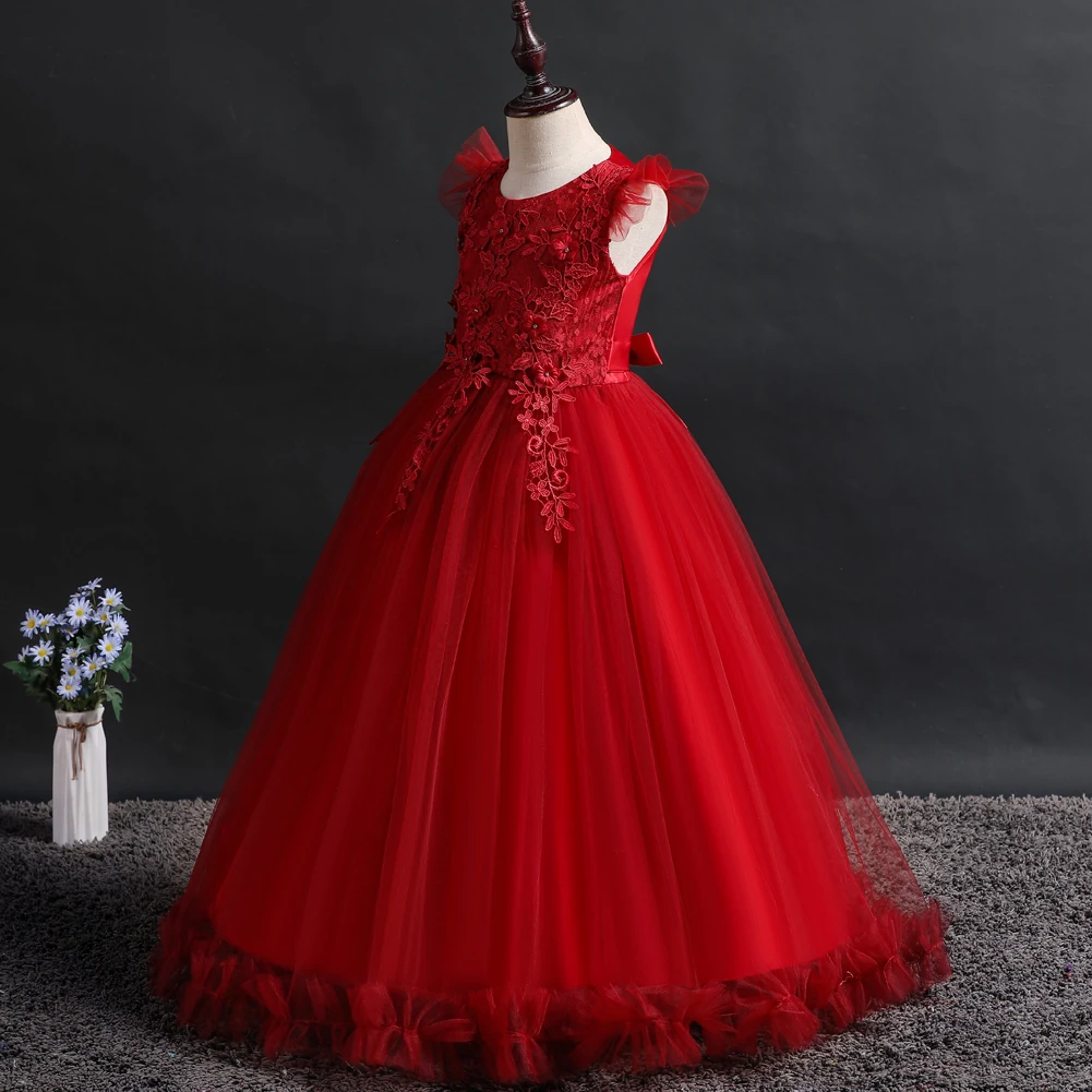 Red New Girl Flower Elegant Long Dress FOR 4 to 14 years Children\'s Ball Embroidered Princess Dress