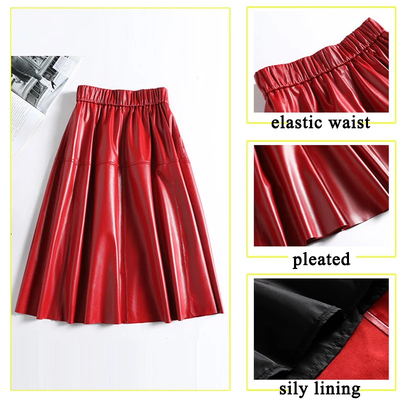 Leather Clothes For Women Female 100% Sheepskin Elastic Waist A-line Jupe Mujer Attractive Red White Pleated Mid-length Dress