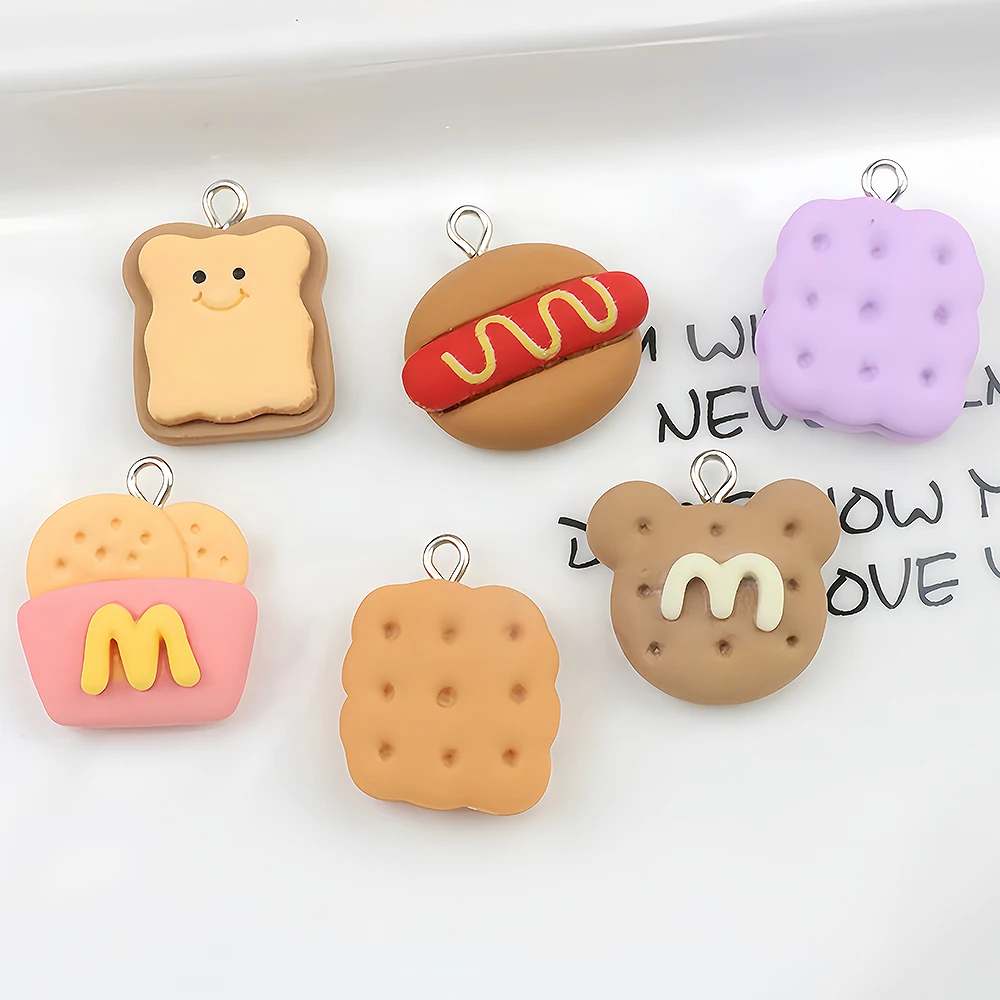 5Pcs Food Pattern Resin Charms Hamburger Bread Cookies Fish for DIY Earring Necklace Keychain Pendant Jewelry Making Findings