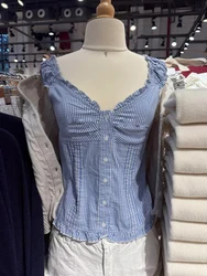 Blue Plaid Folds Blouse Top Women Casual Cotton Single Breasted Ruffle Sleeveless Tank Tops Vest Y2K Sweet Preppy Style Camisole