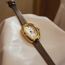 Reloj de cuarzo con forma de huevo de ganso ovalado Vintage para mujer, vestido de cuero auténtico resistente al agua, reloj de regalo de Navidad, relojes para damas