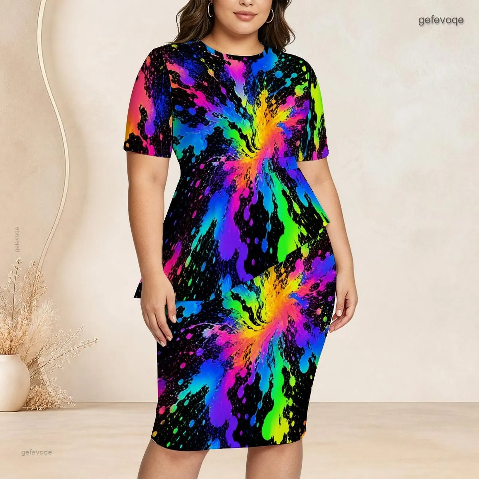 Printed Skirt Set for Women Round Neck Short Sleeve Asymmetric Top Fitted Skirt Two Piece
