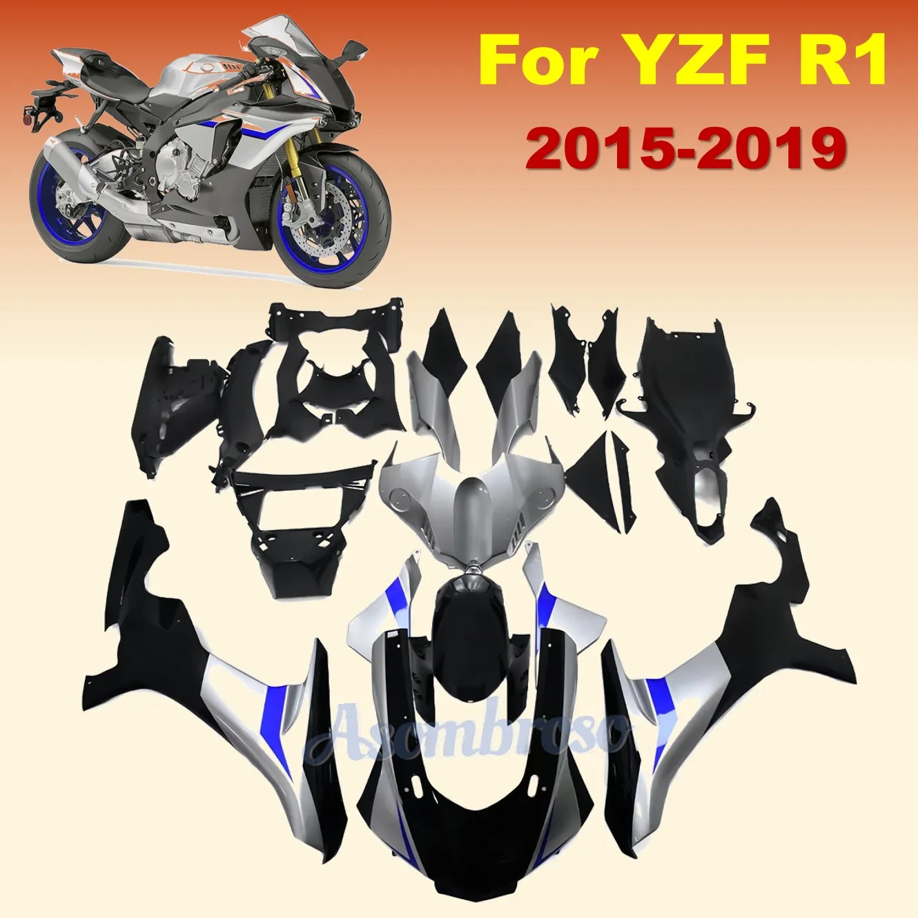 

Complete Body Plastics Fairing Kit For YZFR1 2015 YZF-R1 2016 YZF R1 2017 2018 2019 Glossy Silver with Black Bodywork