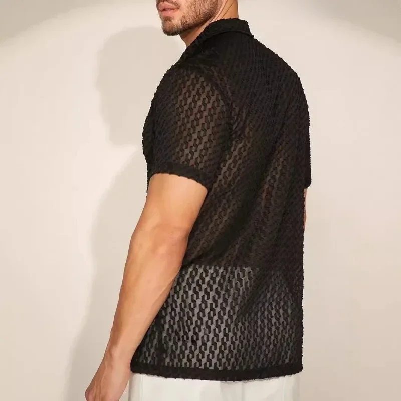 Summer Relaxed Casual Business Thin Breathable Men's Shirt , [Designer] Men's Fashion Hollow-out Perspective Shirt, Men T-shirt