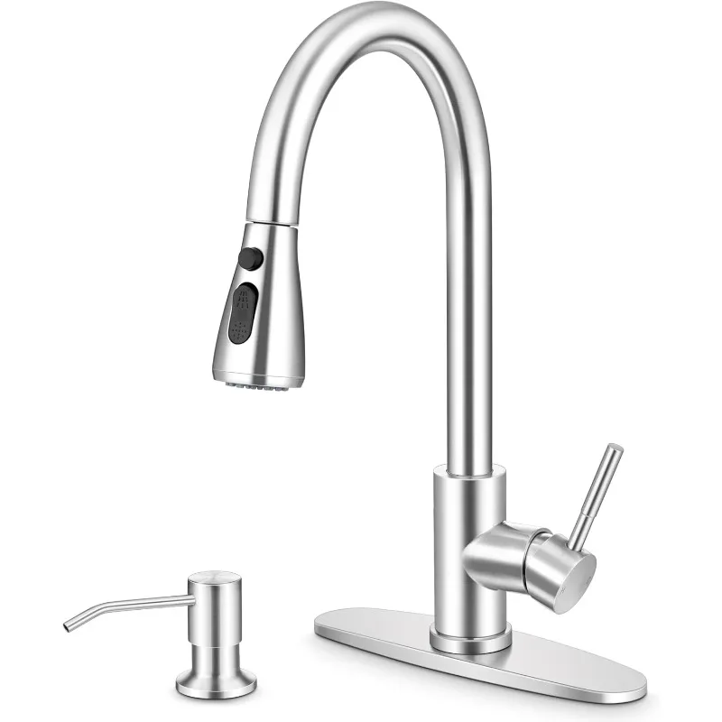 

Brushed Nickel Kitchen Sink Faucet Set with Pull Down Sprayer and Soap Dispenser, Stainless Steel Rv Outdoor Kitchen Faucet