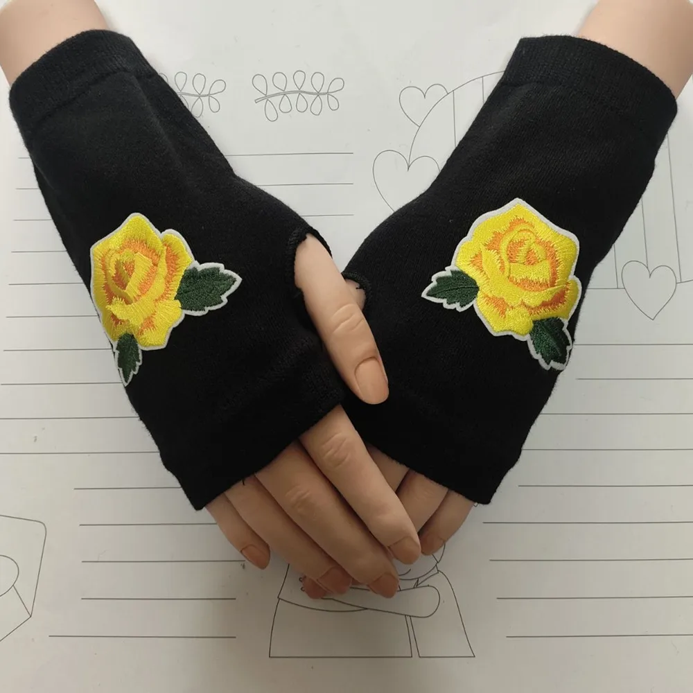 Guantes de punto sin dedos con bordado de rosas, novedad