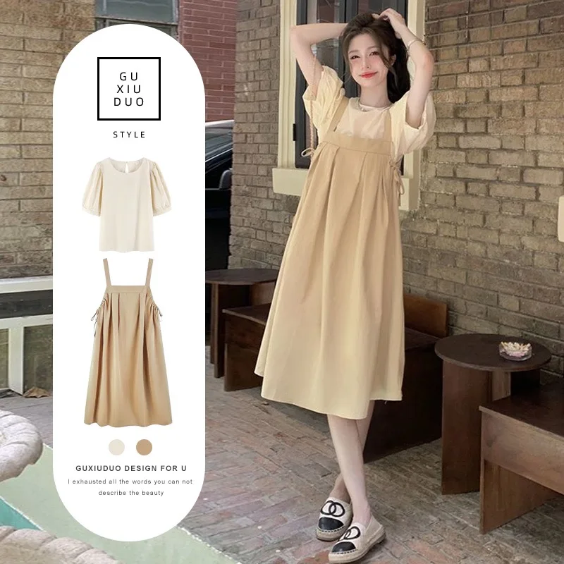

Summer Women's Fashion plus Size Pear Shaped Body Dressing Whole Set Slimming Anti Aging Salt System Strap Dress Two Piece Set