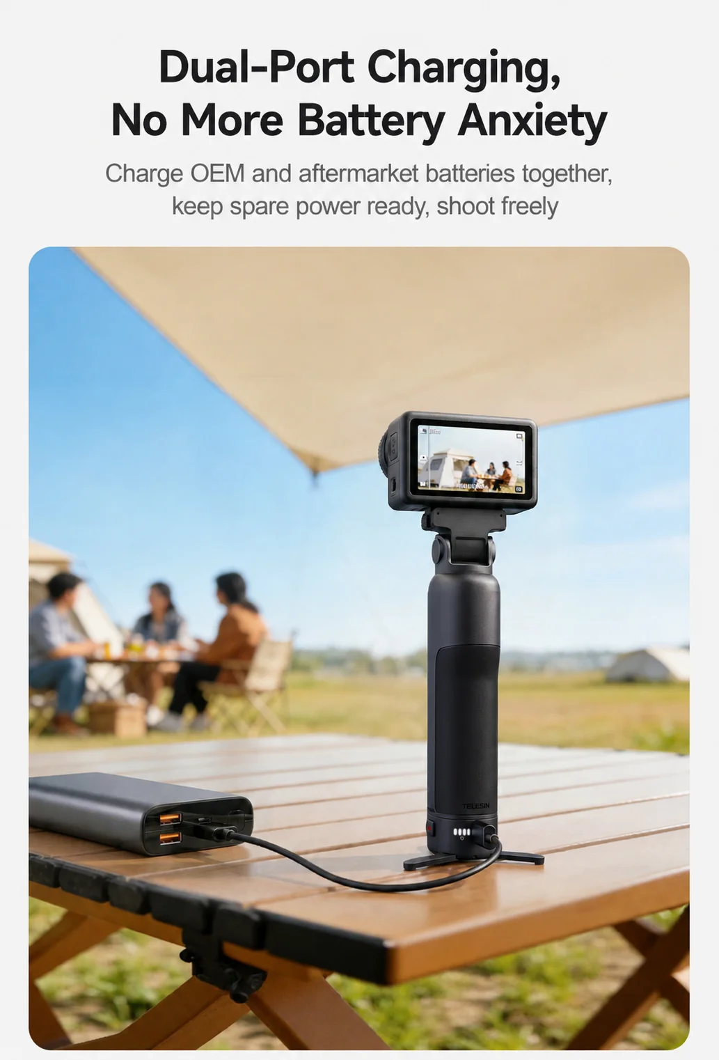 TELESIN 3-in-1 Action-Kamera-Ladehandgriff Doppel-Akku-Schnellladegerät Vlog-Griff Stativ für DJI Osmo Action 6 5 Pro Osmo 360 – Detail 3