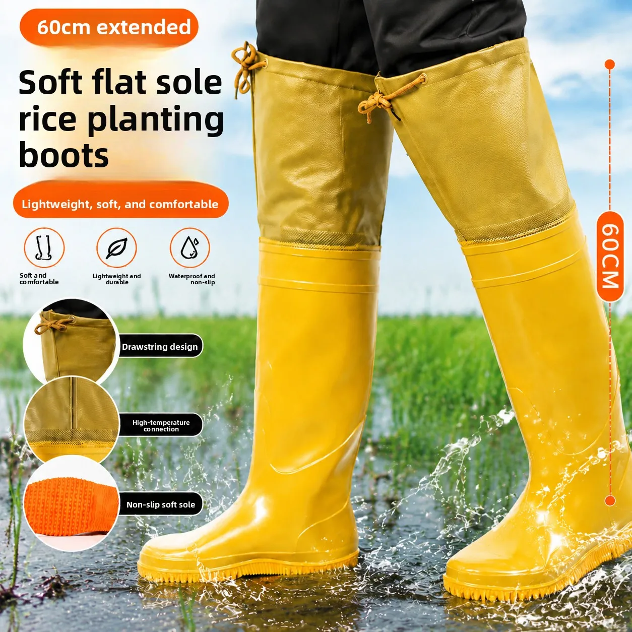 Waterproof High-Tube Rain Boots Men Women Rice Planting Special Cow Tendon Soft Bottom Anti-Slip Lightweight Field Boots Flat...