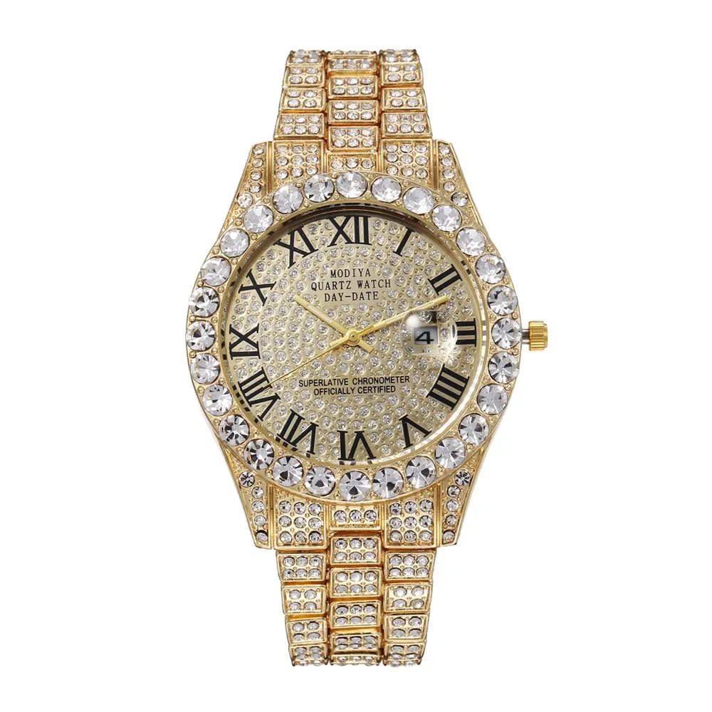 Homens Hip Hop Diamond Bling Quartz Watch, Relógios de cor dourada, Relógio Masculino de luxo, Presentes, Dropshipping