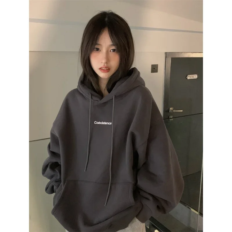 Fashion Dark Grey Hoodie Fleece Thicken Sweatshirt Long Sleeve Korean Letter Printing Baggy Female Top Pullover Harajuku Hoodie