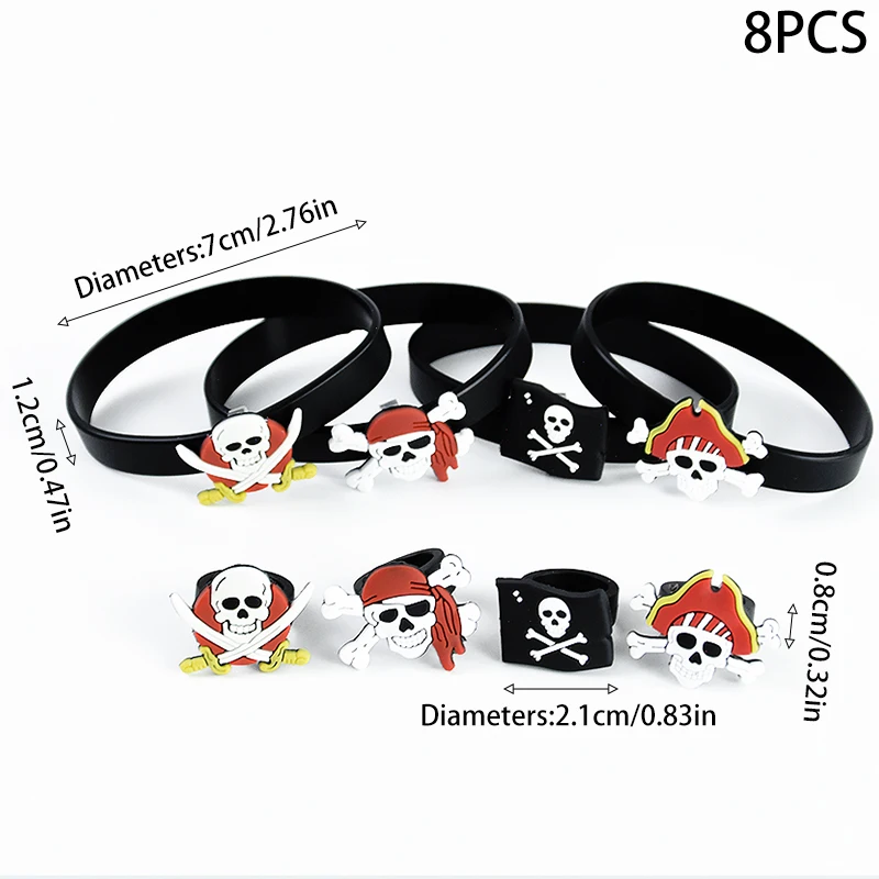 4/8Pcs Pirate Bracelets Rubber Wristband Skull Rings Pirate Party Favors Props Kids Pirate Birthday Party Decoration Gift Toys