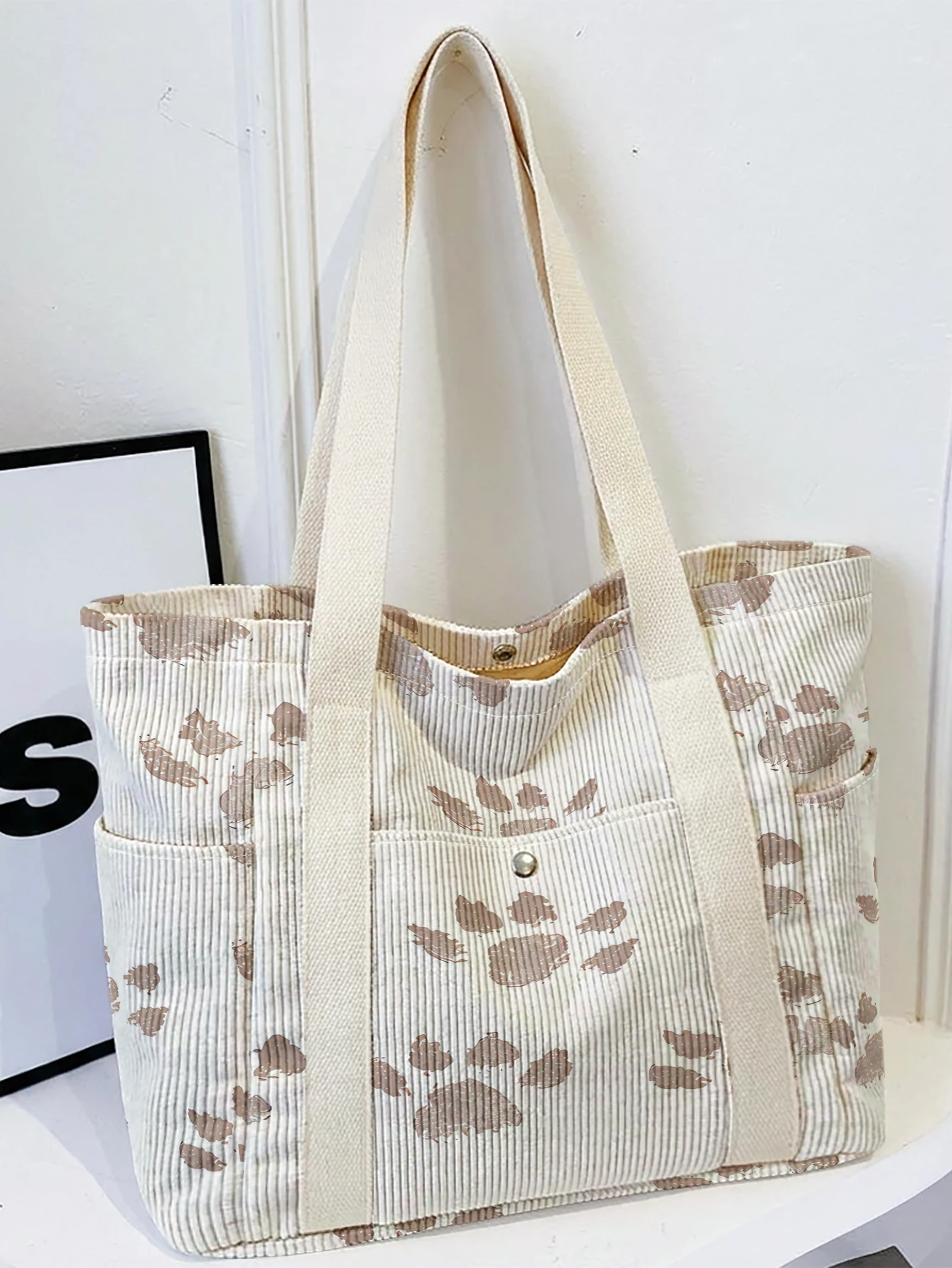 Paw Print Corduroy Tote Bag, Large Capacity Multi Pocket Shoulder Bag for School Shopping Daily Use