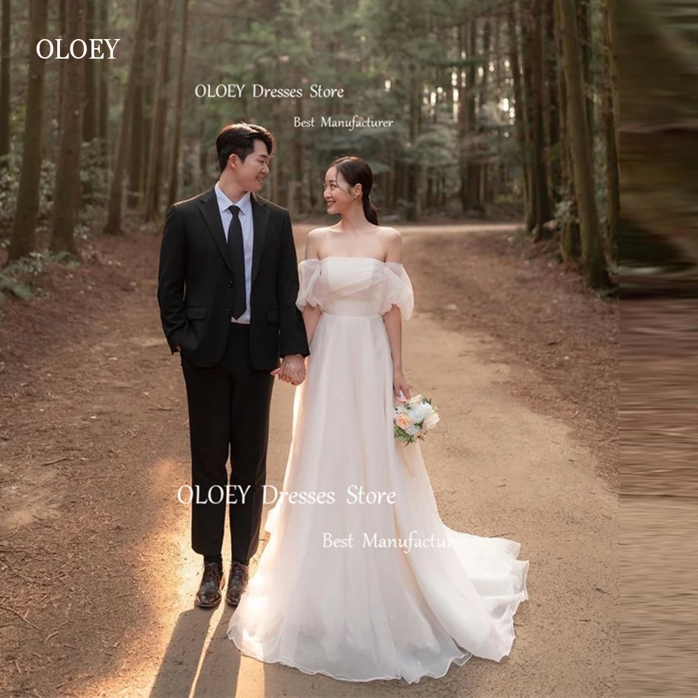 OLOEY Simple Off the Shoulder Soft Organza A Line Wedding Dresses Sleeves Sweep Train 2023 Korea Bride Gowns Formal Party Dress