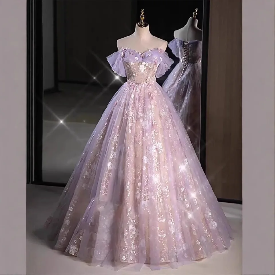 

Pink Purple Sequin Evening Gown Women's High-end Aesthetic Exam Adult Ceremony Fugitive Princess Host Banquet 2025 Summer