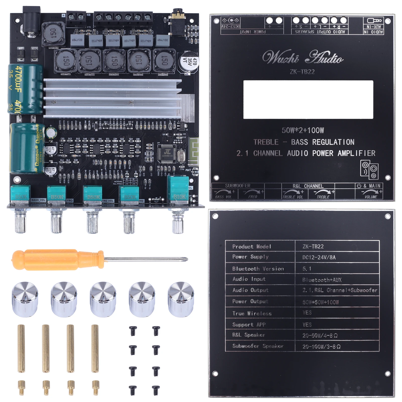 Bluetooth-Compatible Amplifier Board Mono Audio Power Amplifier Module 12V 24V 50W*2+100W with Box for DIY Electronic Kit