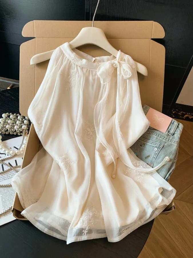 

Elegant Embroidered Tie Belted Chiffon Shirt Women Summer Slimming Loose Sleeveless Korean Style Top Breathable Comfortable