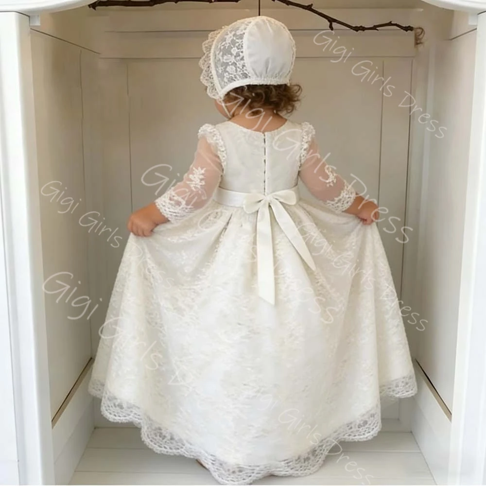 Baby Girls Christening Dress Toddlers Beaded Lace Baptism Dress with Bonnet Infants Full Sleeve Customized Flower Girl Dress