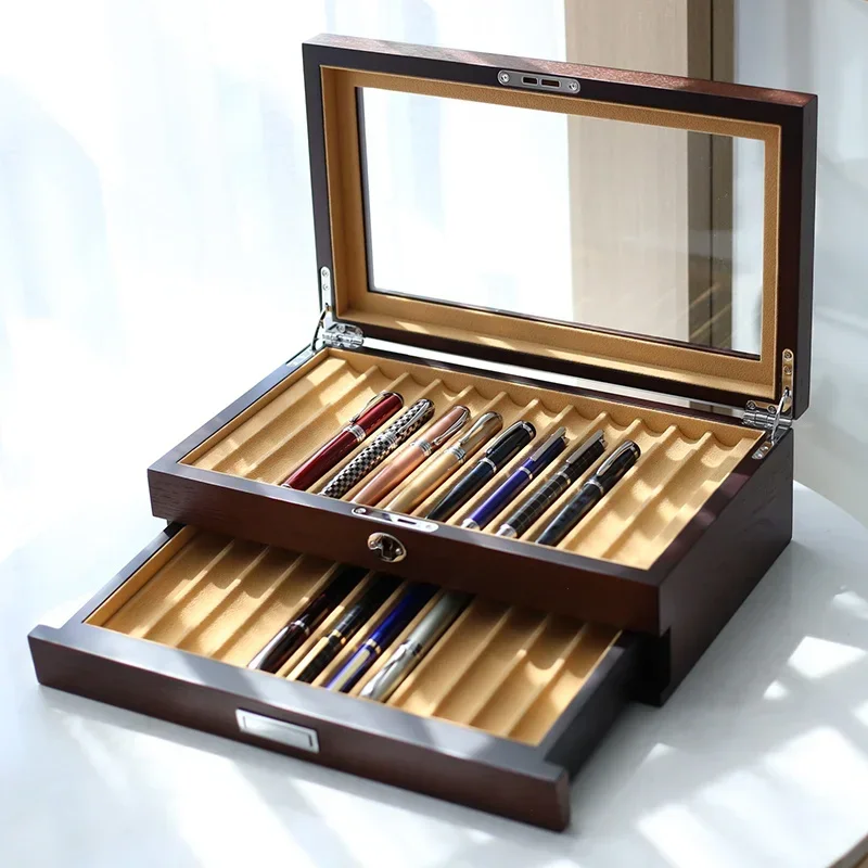 Luxurious Double-Layer Wooden Pen Storage Box: Premium Organizer for Famous Pen Collection Men's Display Gift Box.