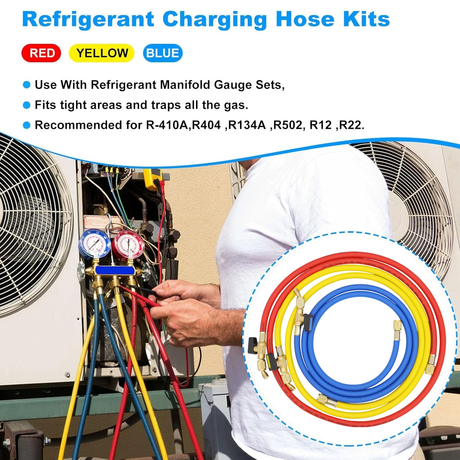 1.6M 냉매 충전 호스(볼 밸브 포함) HVAC 1/4인치 SAE R134A R12 R22 R502 냉매 추가 및 에어컨용