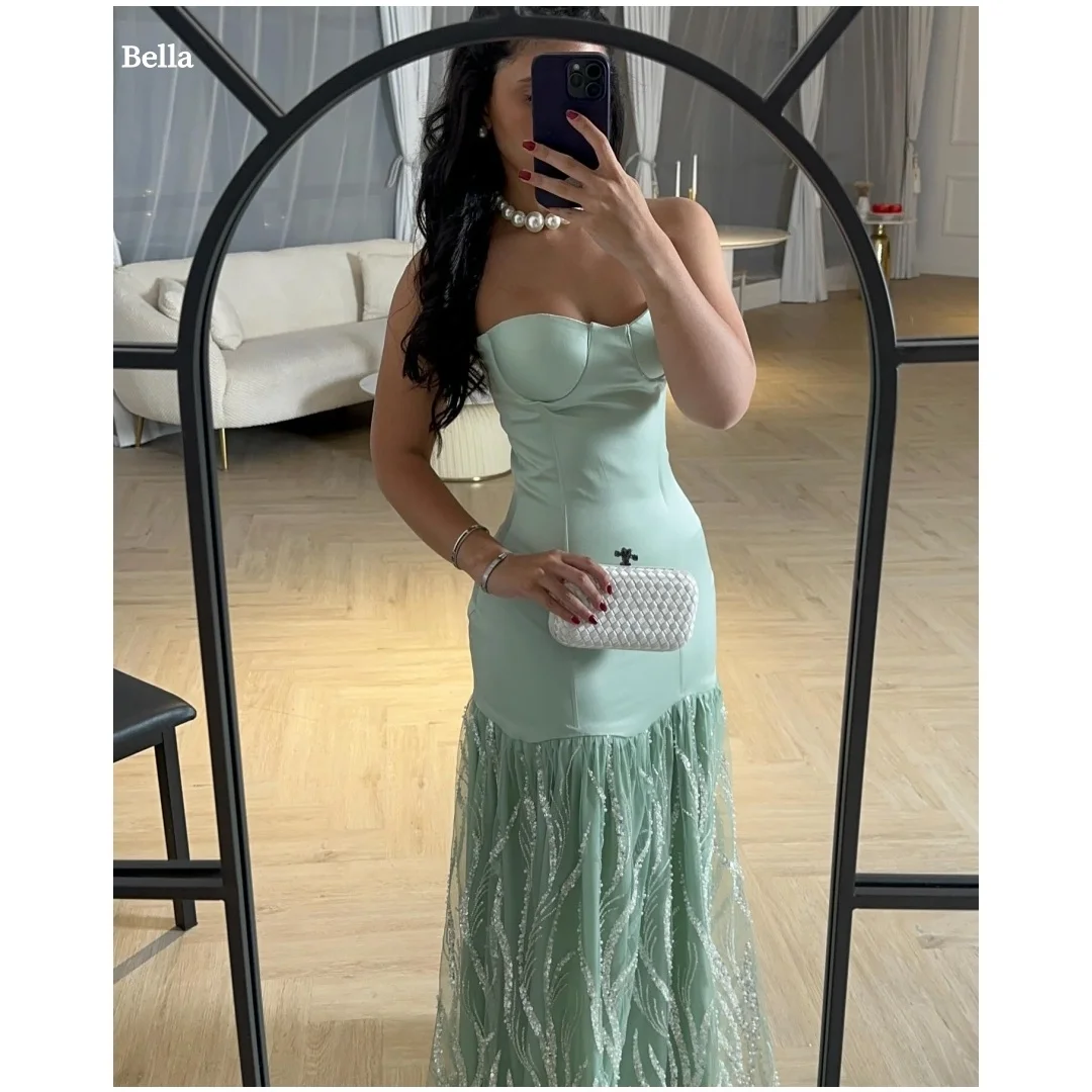

Bella Customized Green Beading Strapless Backless robes de soirée Sleeveless Floor-Length Party Dresses A-line Prom Dress 2025