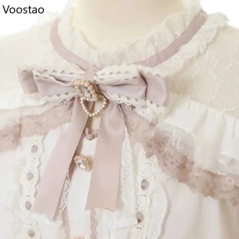 

Японские милые блузки в стиле Лолиты, женские элегантные рубашки с открытыми плечами и бантом в стиле Лолиты, рубашка JK для девочек, повседневные кружевные топы с оборками, Blusas Mujer