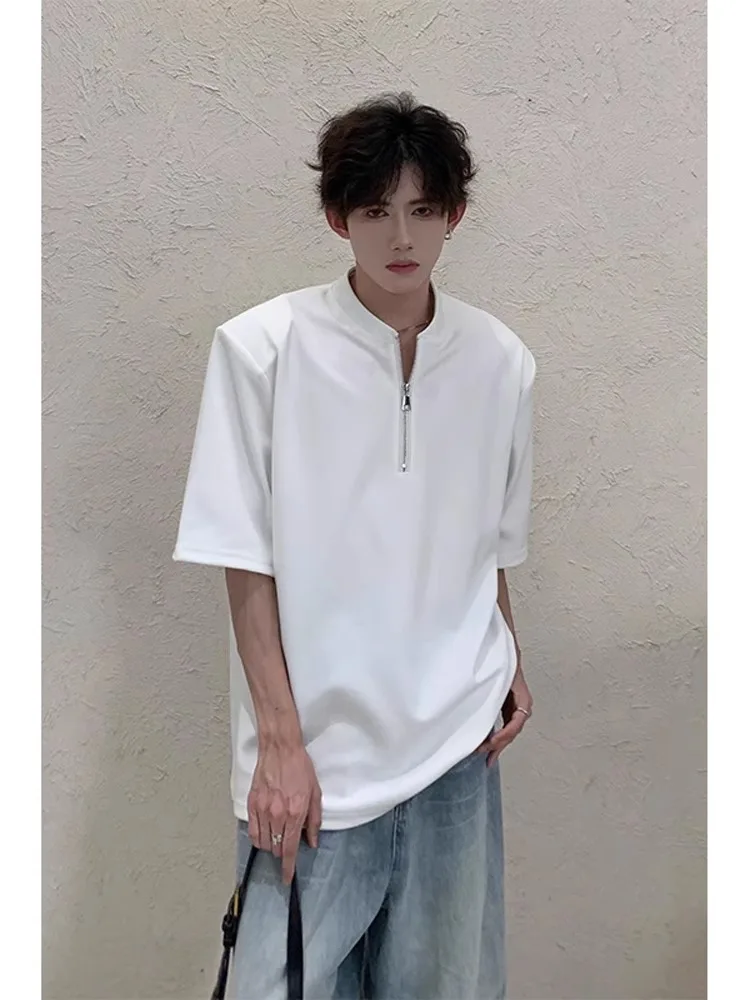 Cleanfit White Trendy ort Sve Men's T-irt f Zipper Design Summer f Sve Men's Model Clothing Stand Fit