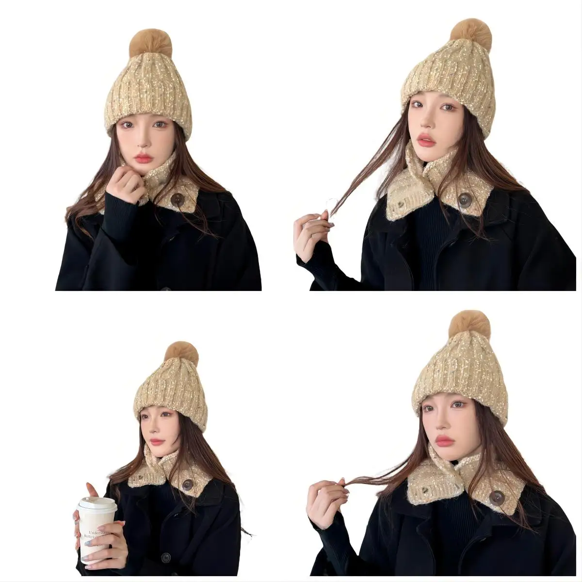 2PCS Set Winter Knitted Hat Snood Collar Two-piece Set Women Warm Neck Scarf With Button for Men Beanie Skullies With Pompon Set