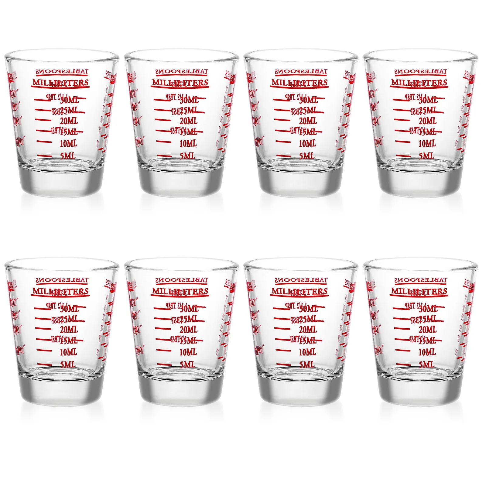 8Pcs Glass Measuring Cup with Dual Ounce and Ml Markings Tapered Cylindrical Shape Thick Base Kitchen Baking Espresso