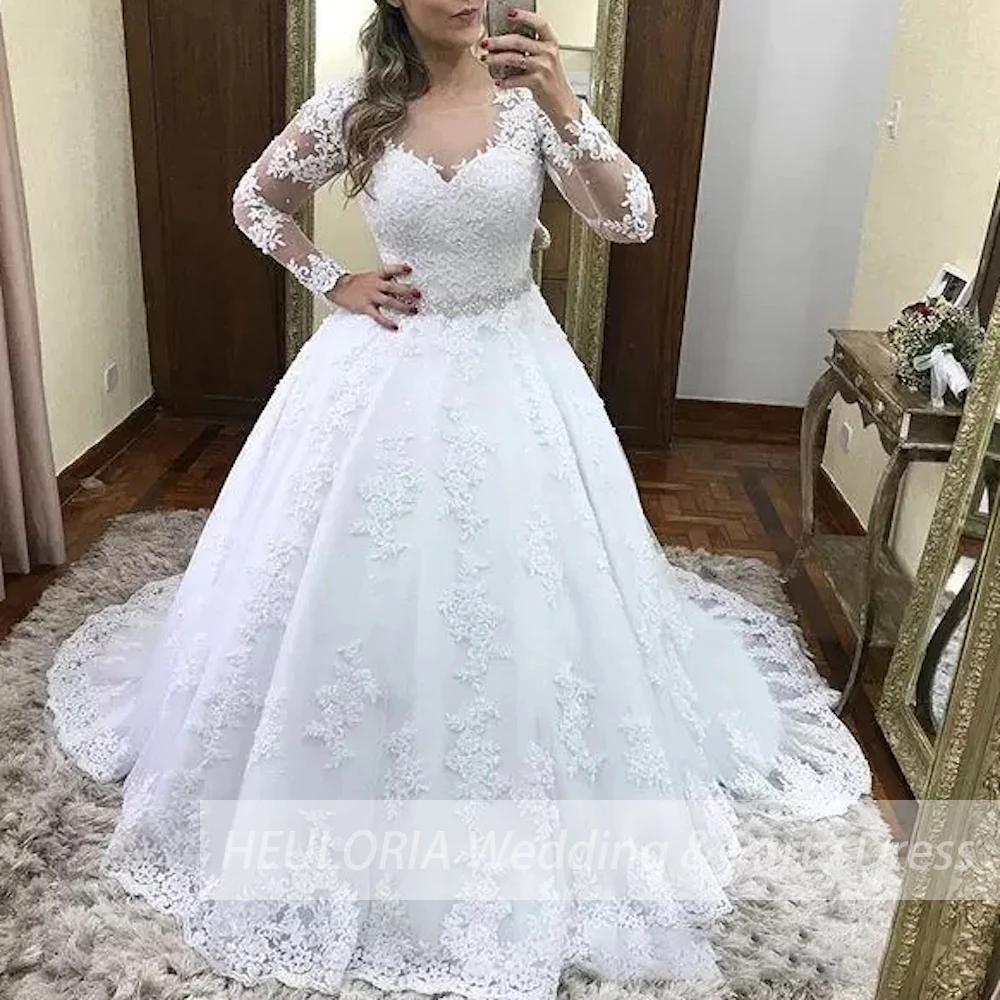 Princess Ball Gown Wedding Dress long sleeve bride dress V neck plus size robe de mariee Lace beading Wedding Bridal Gown