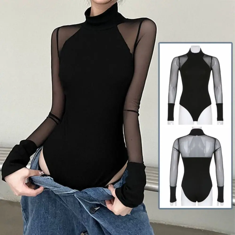 

Fashion High Collar Long Sleeve Jumpsuit Translucent Simple Romper Shorts Slim Fit All-match Tights Women Taking Pictures