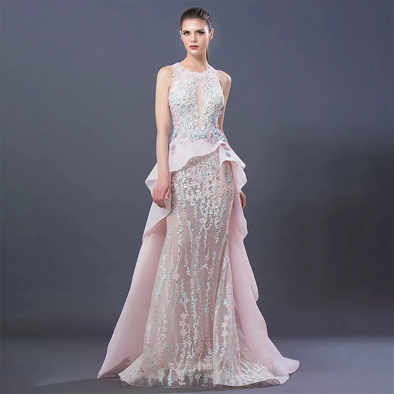 

Fashion Pink Evening Dresses Sleeveless Illusion Appliqued Beads Formal Prom Gowns Sweep Train Party Pageant Dress