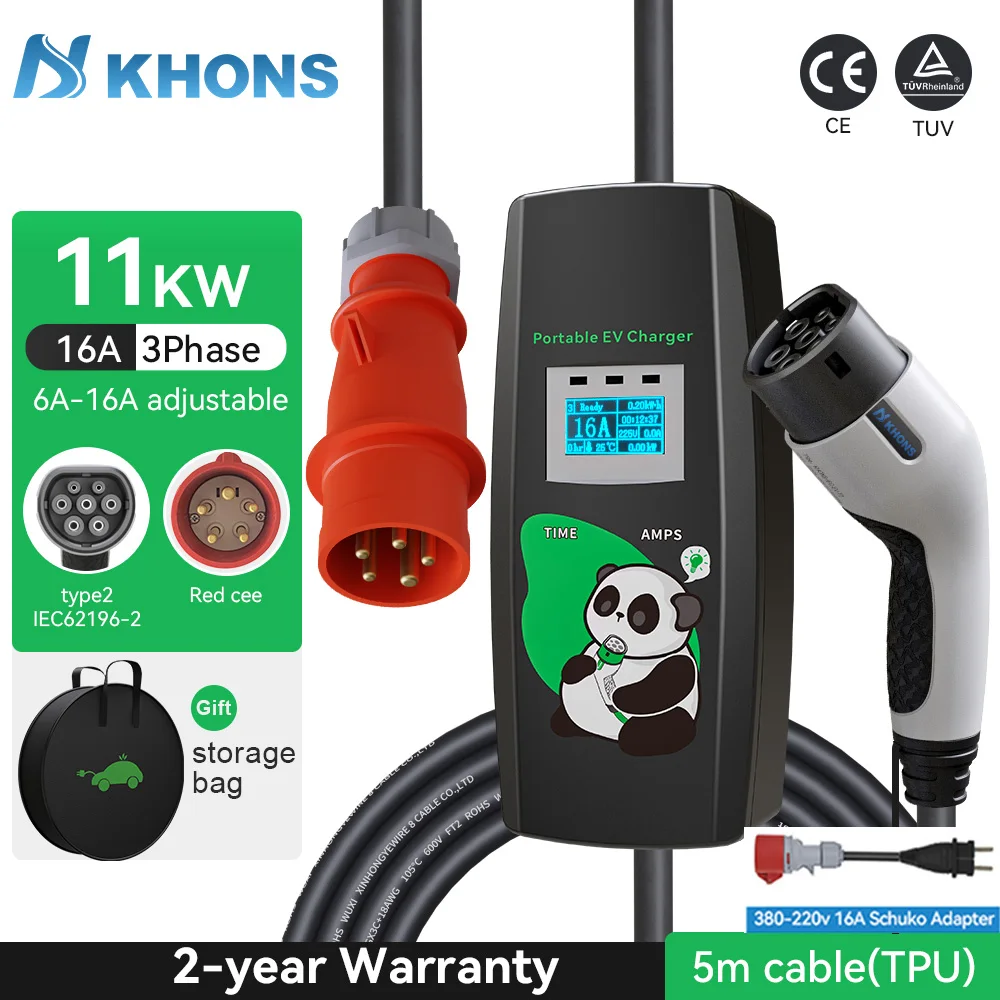 Khons 11KW 16A EV Draagbare Oplader Type2 EVSE Oplaaddoos Drie Fase Elektrische Autolader 5m Kabel