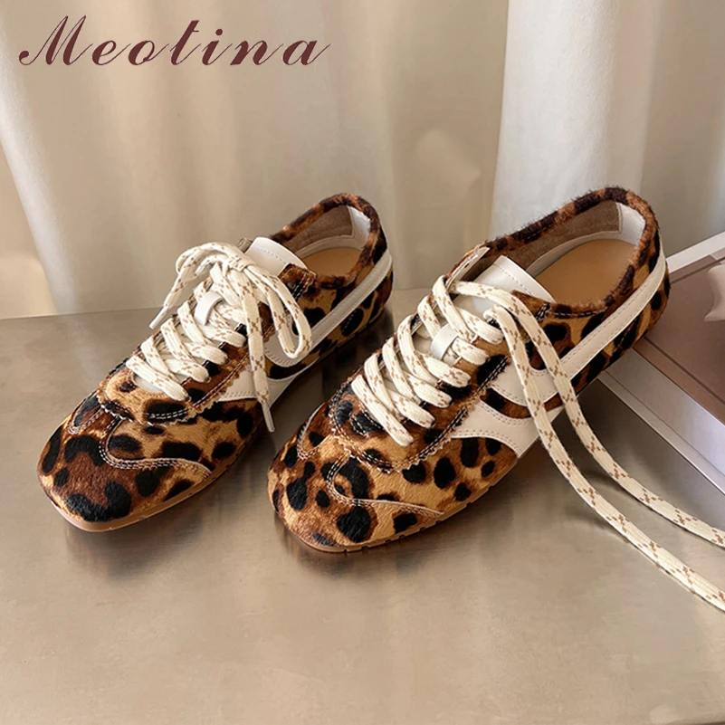 

Meotina Women Genuine Leather Sneakers Round Toe Flats Horsehair Lace-up Mixed Colors Ladies Fashion Casual Shoes Spring Autumn