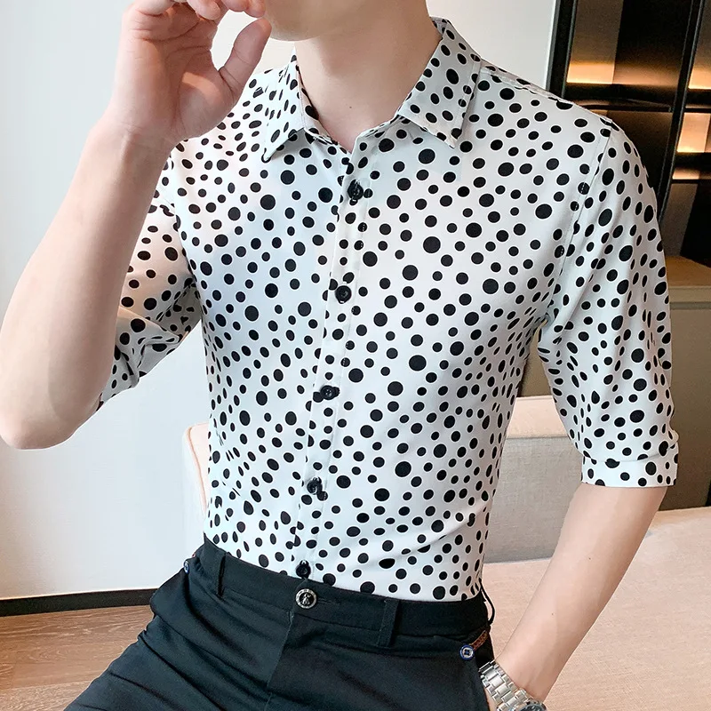 

2024 Men's Summer Clothing Imitation Mulberry Silk Half Sleeve Shirt Youth Dotted Prints Slim Fit Handsome Shirt