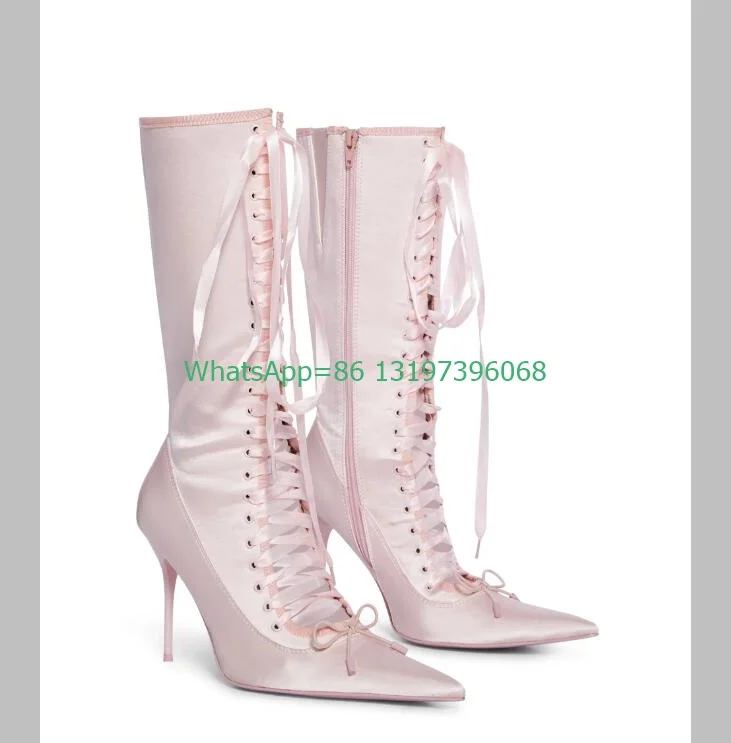 Lady elegant pink lace Lolita stain knee boots pointed toe lace-up bowtie design boots Mary Janes pink shoes new arrive runway