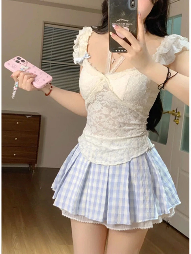 Sweet Sle Lace ter Svel Top And  Skirt Two Piece Set for Young Women Summer Faion Outfit V Ne Svel
