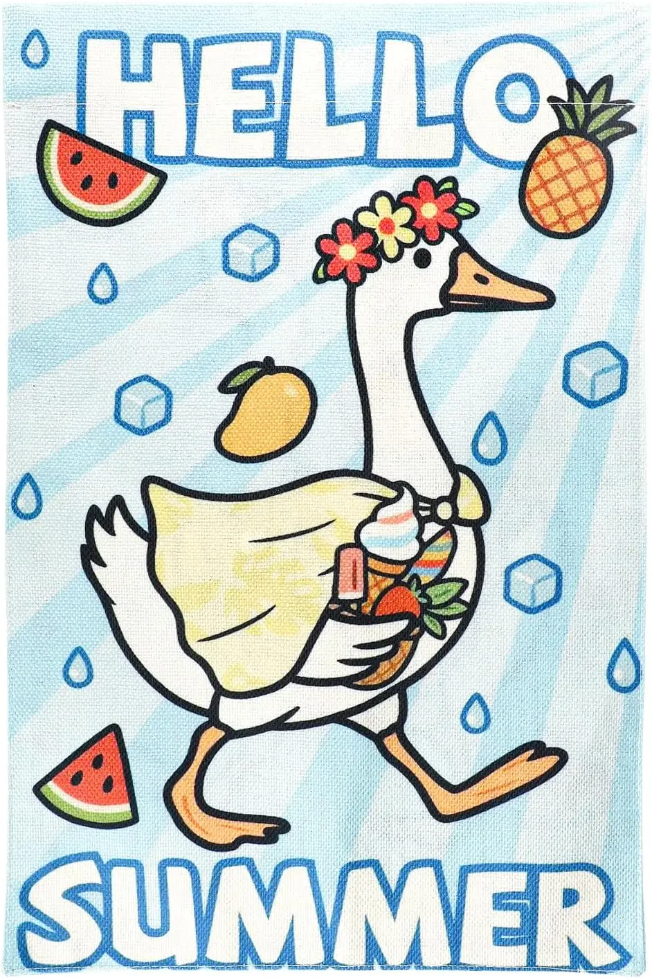 Hello Summer Garden Flag, 18x12 Inch Double Sided Funny Silly Goose Summer Flag with Watermelon Pineapple Ice Cube Print Lin SSL