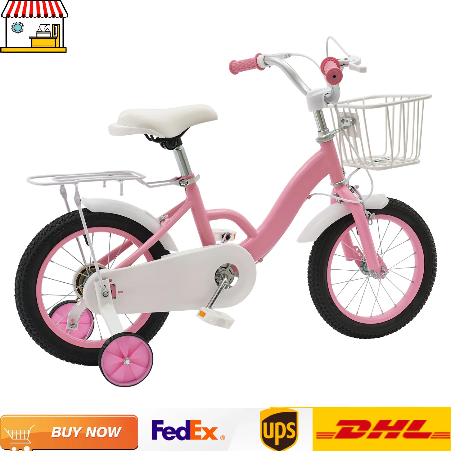 Bicicletta per bambini bianca e rosa con sedile posteriore, cestino per 3-5 anni |   Bicicletta da allenamento da 14 pollici |   Sedile regolabile