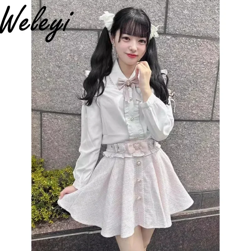 Kawaii Lolita Sweet White Shirts Women's 2024 Summer Cute New Mine Off The Shoulder Lace Up Color Bow Rojita Long Sleeved Blusas