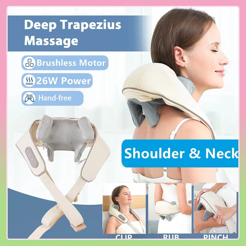 

Новинка 2026: Беспроводной массажер для шеи и плеч 26 Вт с бесщеточным двигателем, массажная накидка для спины и шеи с функцией разминания