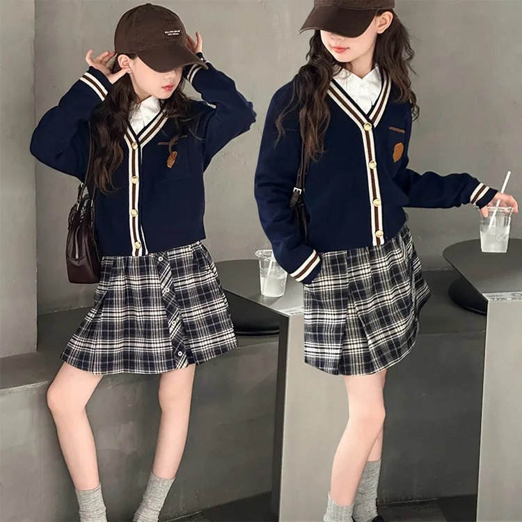 

School Girls Two-piece Sets Autumn Children Girls Striped Single-breasted Sweater Teenager Girls Plaid Skirt Kids Girls Outfit