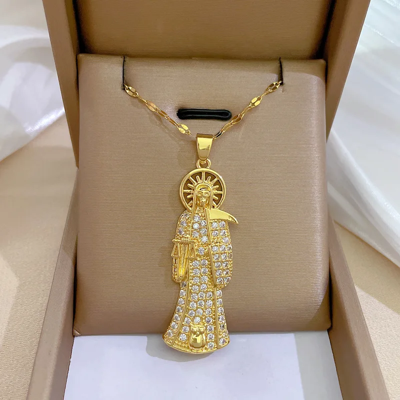 Hip Hop Zircon Crystal Grim Reaper Holy Death God Skull Sickle Men Necklace Stainless Steel Necklaces Jewelry Gift Santa Muerte