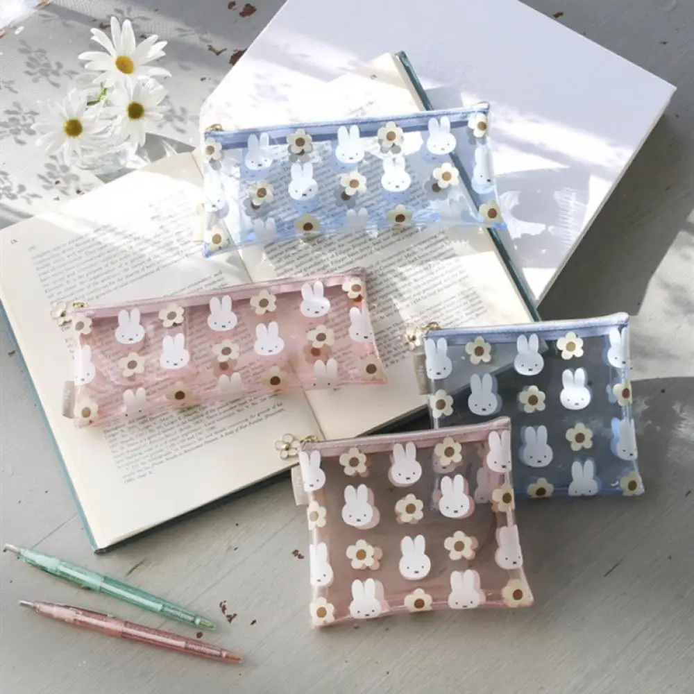 Miffy's nuevo estilo japonés dibujos animados lindo Miffy conejo flor pvc transparente impreso estuche de bolígrafo bolsa de cosméticos apertura sobre rojo