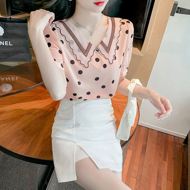 2023 New Summer Fashion Trend Doll Neck Polka Dot Age Reducing Top Commuting Simple Casual Loose Versatile Women\'s Shirt