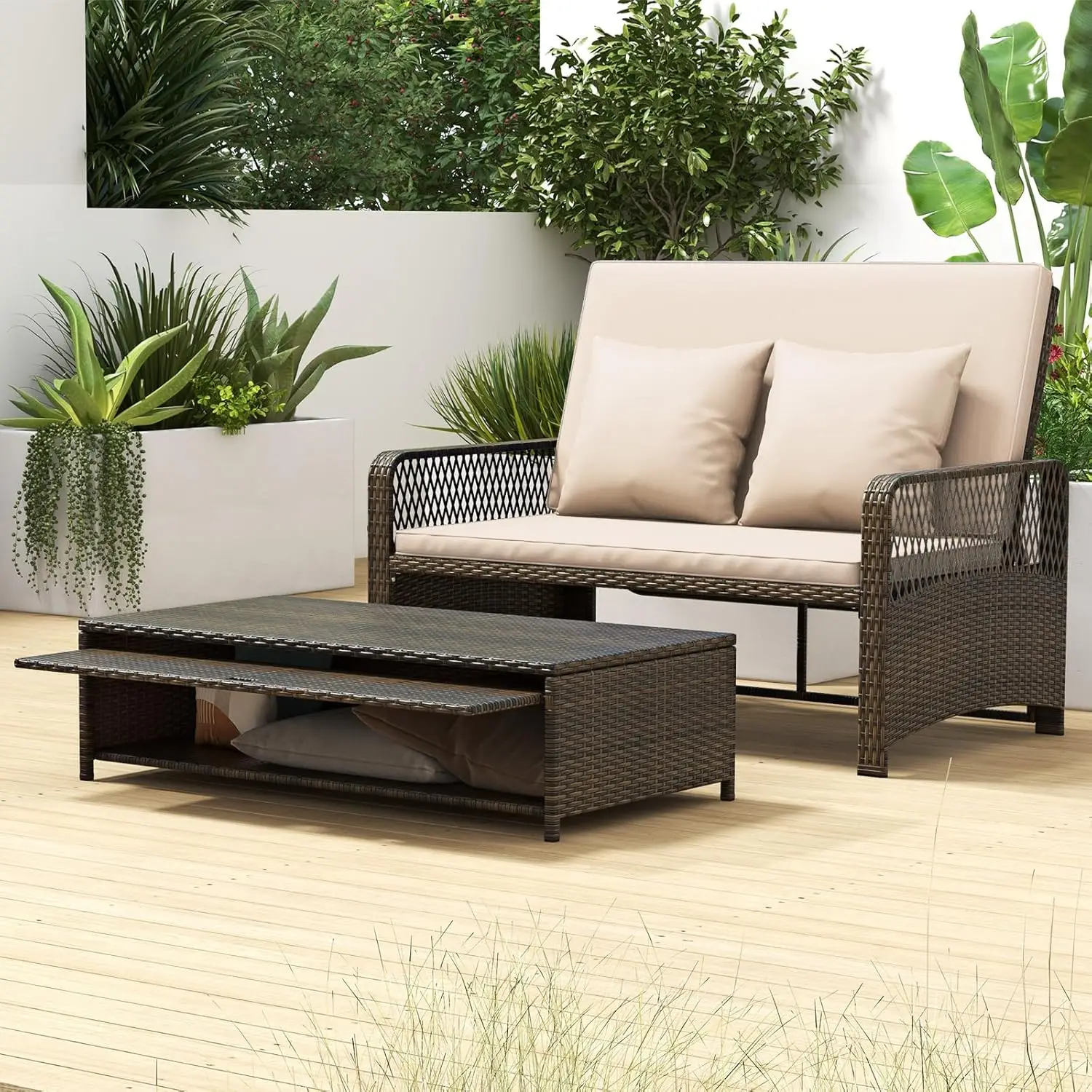 Patio Adjustable Wicker Daybed, Rattan Loveseat & Storage Ottoman w/ 4-Level Backrest & Soft Cushions, Space-Saving 2-Person