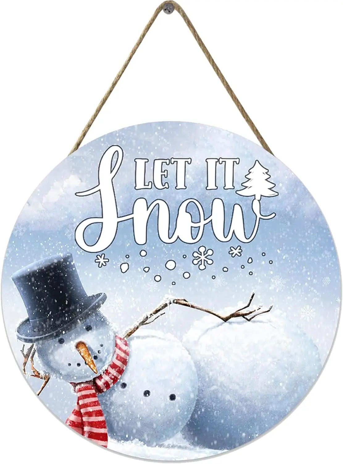 Winter Snowman Wooden Hanging Sign, Let It Snow, Home Indoor Outdoor Farmhouse Wall Window Decor 12x12 inch