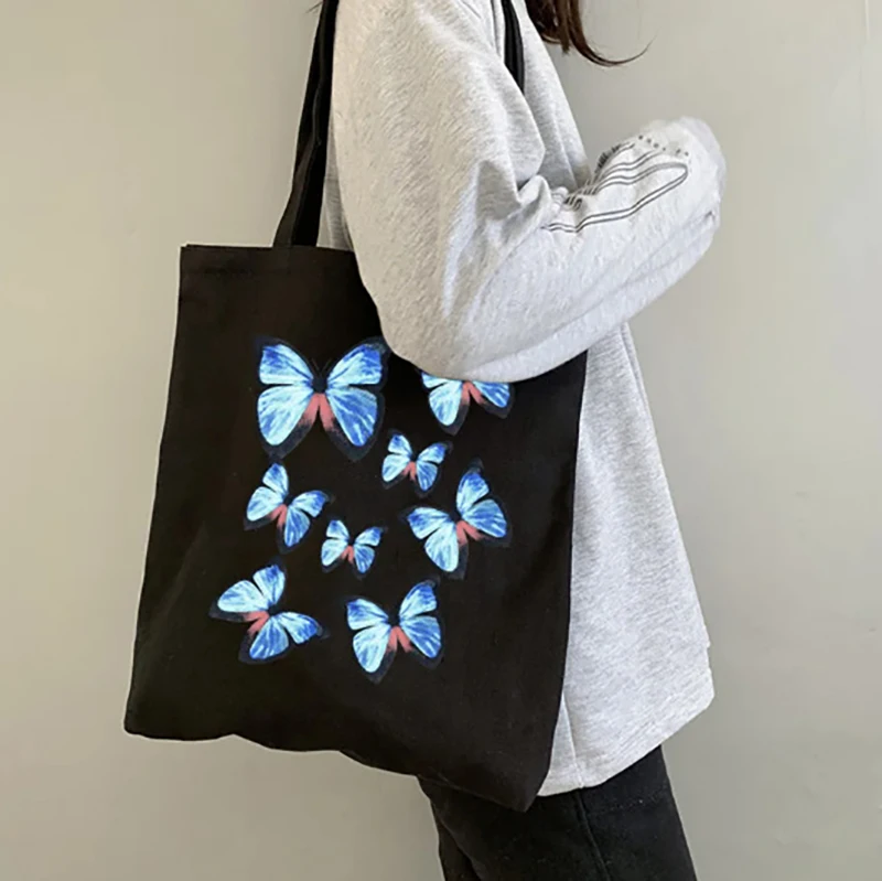 Summer Cartoon Butterfly Printing Ulzzang Korean Casual Large Capacity Tote Bags Shopper Canvas Harajuku Handbags Cheap Women